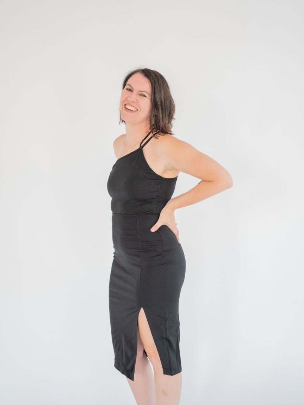 New ePretty Black Asymmetrical Dress with Side Slit in Medium